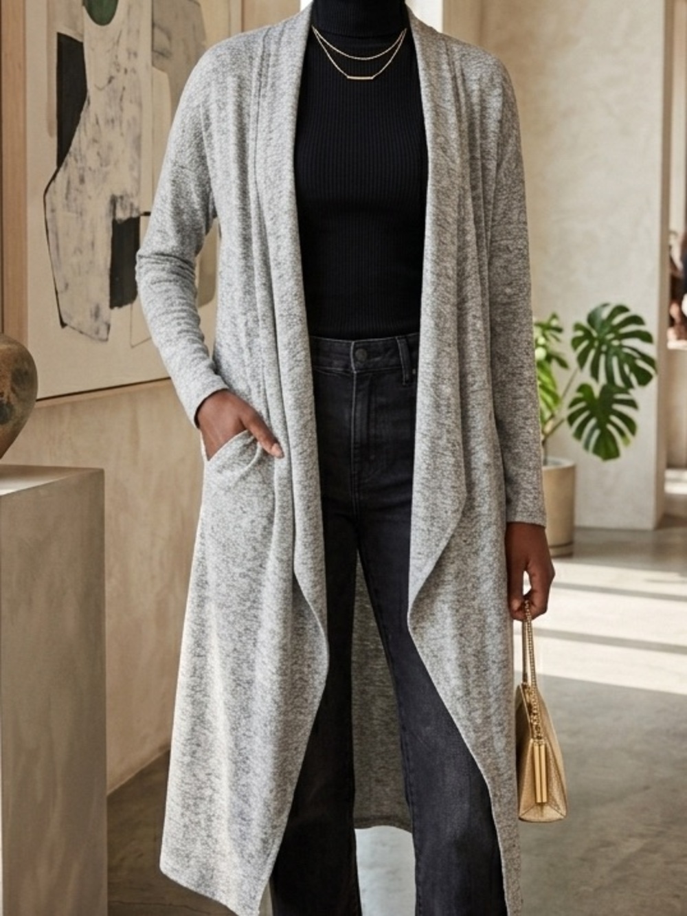 Heather Gray Long Open Cardigan